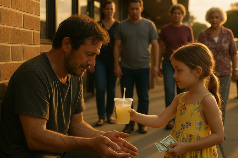 Mom, That Man’s Crying”—My 7-Year-Old Handed Him Her Lemonade and Savings. What Happened 2 Days Later Left Me Speechless 