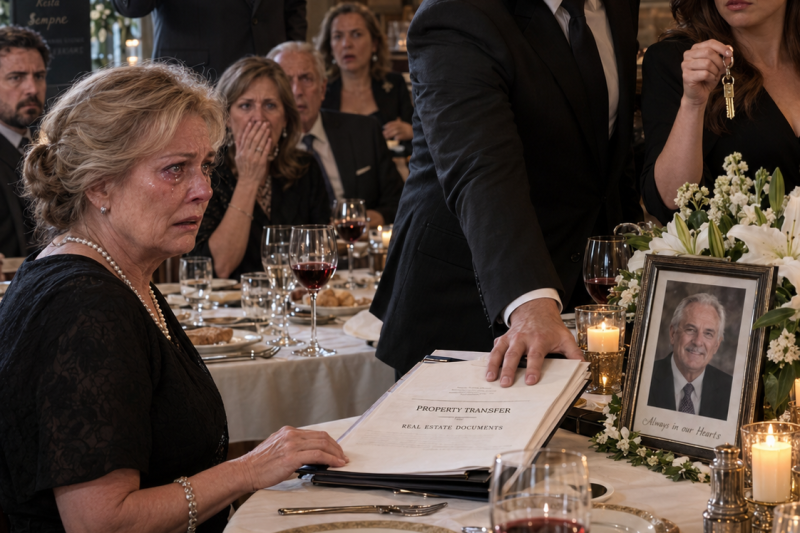 AT MY HUSBAND’S FUNERAL DINNER, MY SON ANNOUNCED, “MOM WILL BE OUT OF THE HOUSE BY FRIDAY.” THEN A STRANGER AT THE BACK TABLE STOOD UP AND SAID, “YOUR FATHER KNEW YOU’D TRY THIS…” 😳