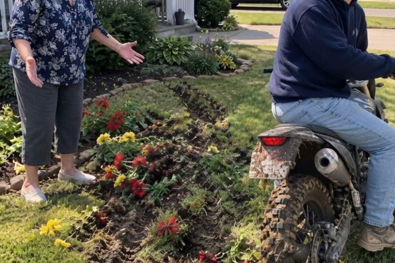 My neighbor tore up my lawn with his motorcycle and acted like it was nothing — the next morning, a little “surprise” was waiting for him.